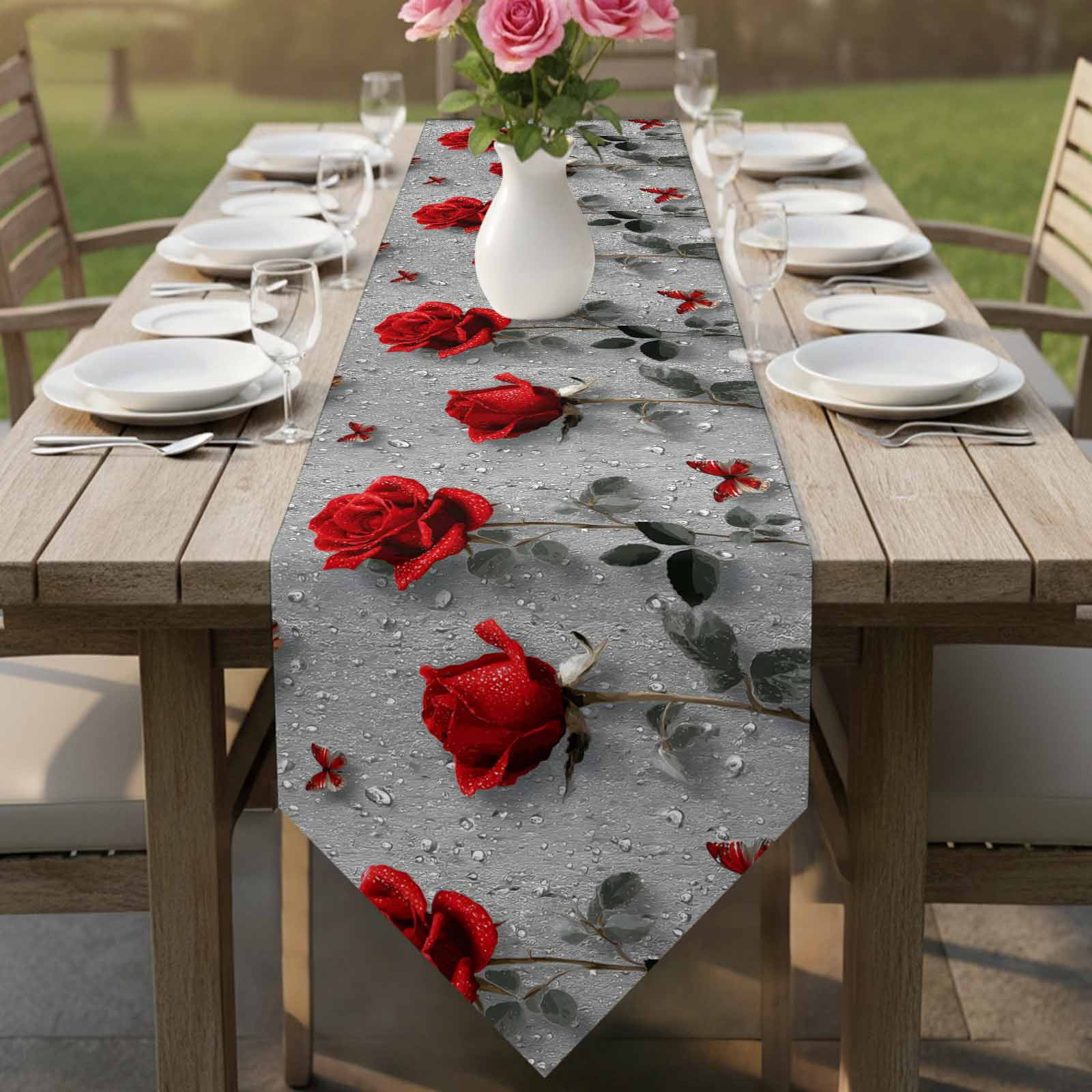 Red Roses Table Runner Linen Burlap Table Runner 90 Inches Long Valentine's Day Butterflies Floral Romantic Gray Dresser Scarves for Kitchen Island Coffee Dining Party Wedding Holiday Decor 13"x90"