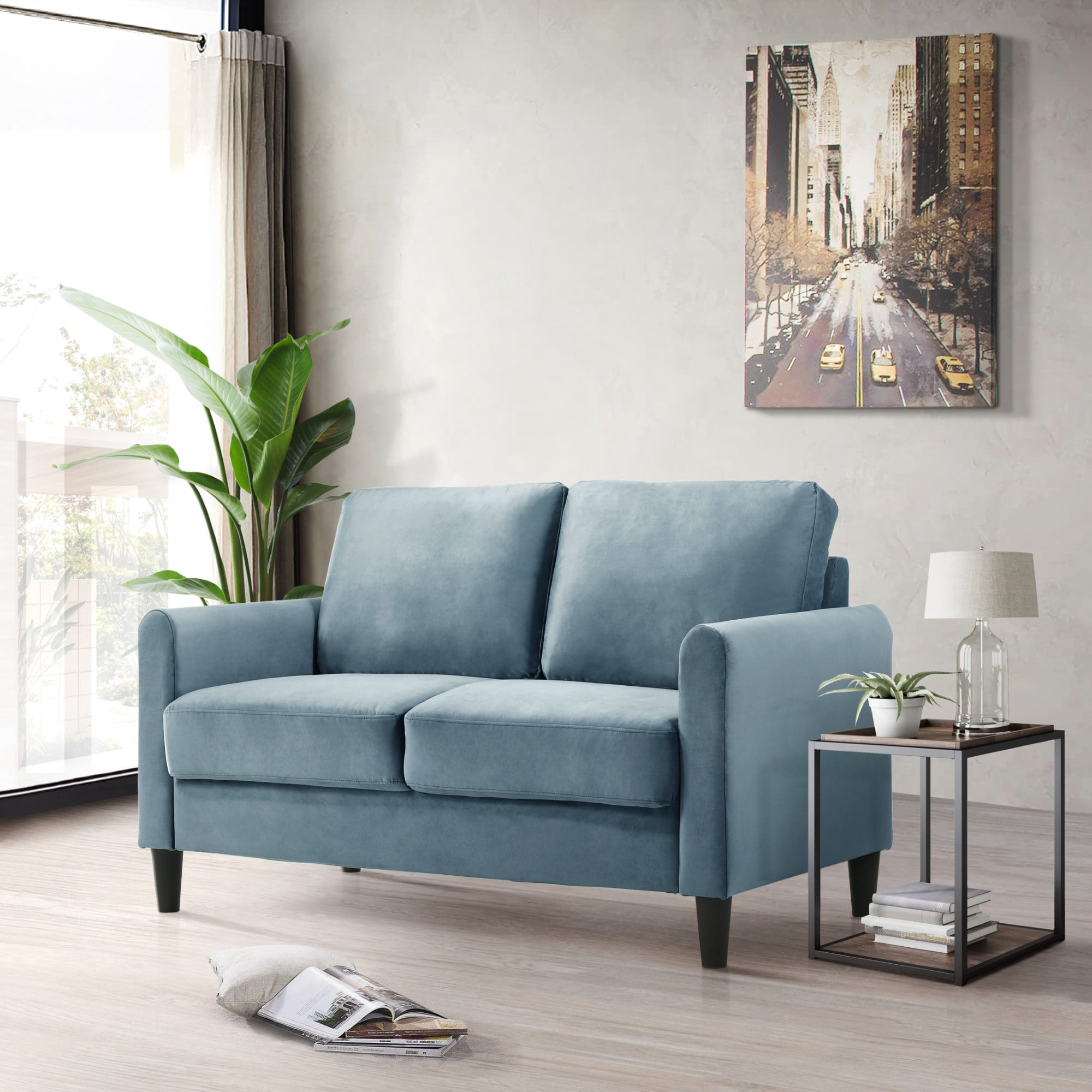 Home Design Airell Velvet Arm Loveseat with Plush Armrests and Sleek Black Legs, Modern Upholstered Design for Living Room, Blue