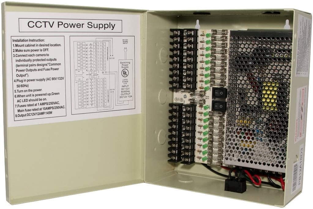 InstallerCCTV 18 Outputs 12 Amp 12V DC CCTV Distributed Power Supply Box for Security Camera, UL Listed