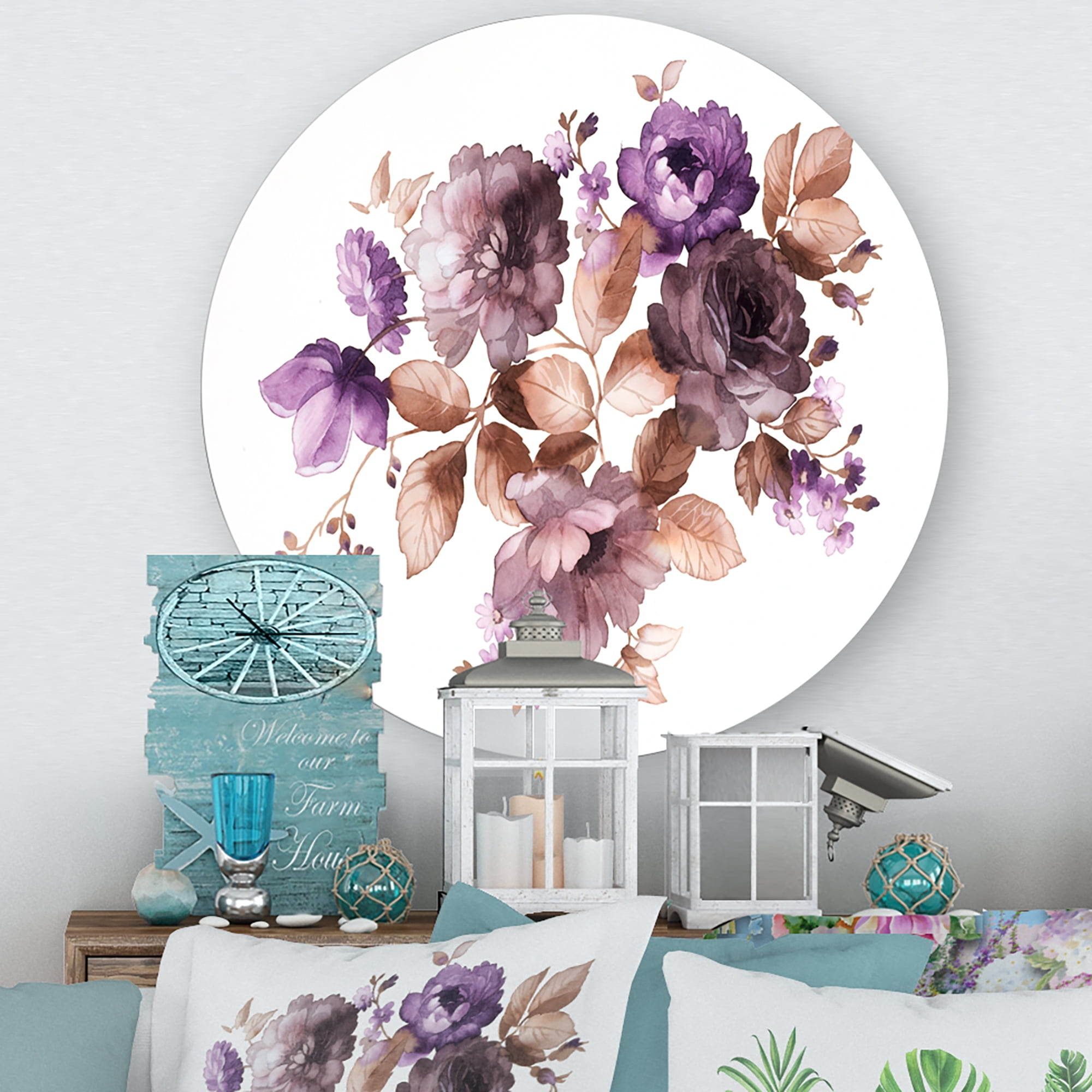 Designart 'Purple Retro Flowers With Brown Leaves On White' Traditional Circle Metal Wall Art 23x23 - Disc of 23