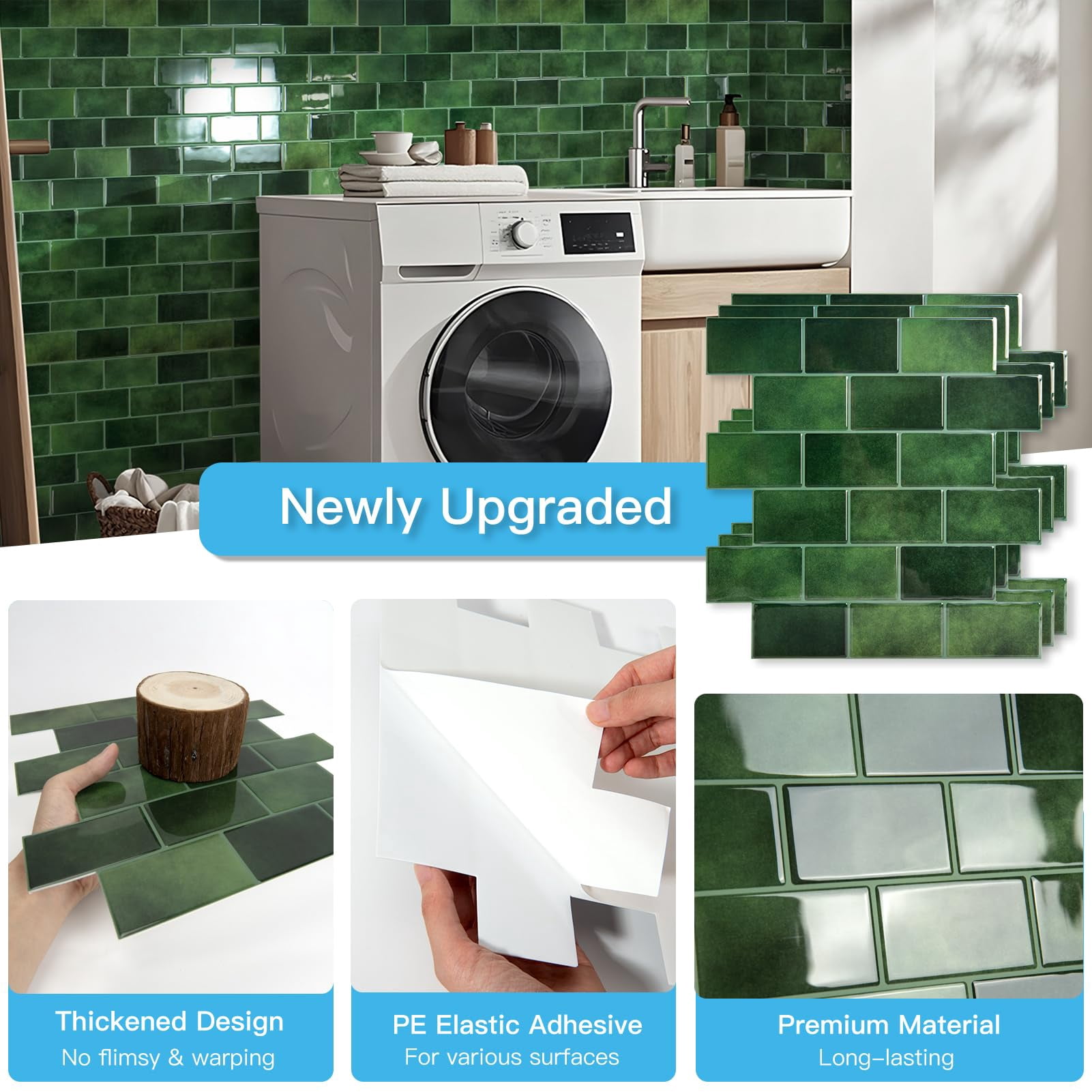 Peel And Stick Green Wall Tiles - 12"x12" Thicker Design Backsplash  Self-adhesive Tile For Kitchen & Bathroom Renovation