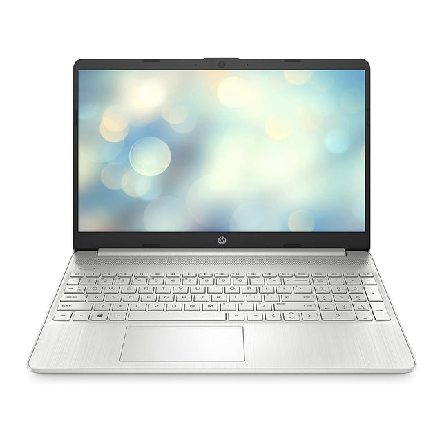 laptop hp 15-ef2024nr 15.6" amd ryzen 3 5300u ram 8gb ssd 256gb teclado en inglés Plateado, vista frontal abierta con chasis plateado; pantalla microbordes HD de 15.6" (1366 x 768), teclado en inglés de isla con teclado numérico, trackpad grande centrado y cámara web en el bisel superior. Apta como estación portátil para productividad y entretenimiento.
