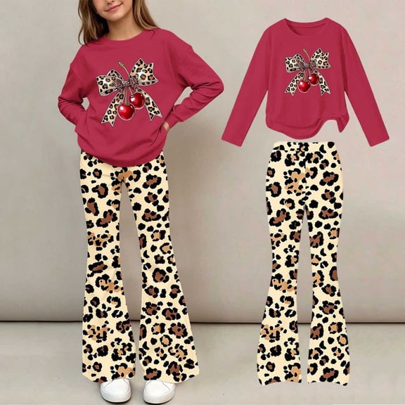 Amidoa Girls Sweatsuits 2pcs Sets Cute Fall Winter Clothes Floral Print Casual Fleece Sweatshirt and Slightly Flared Sweatpants Back to School Outfits Red Size 9-10 Years