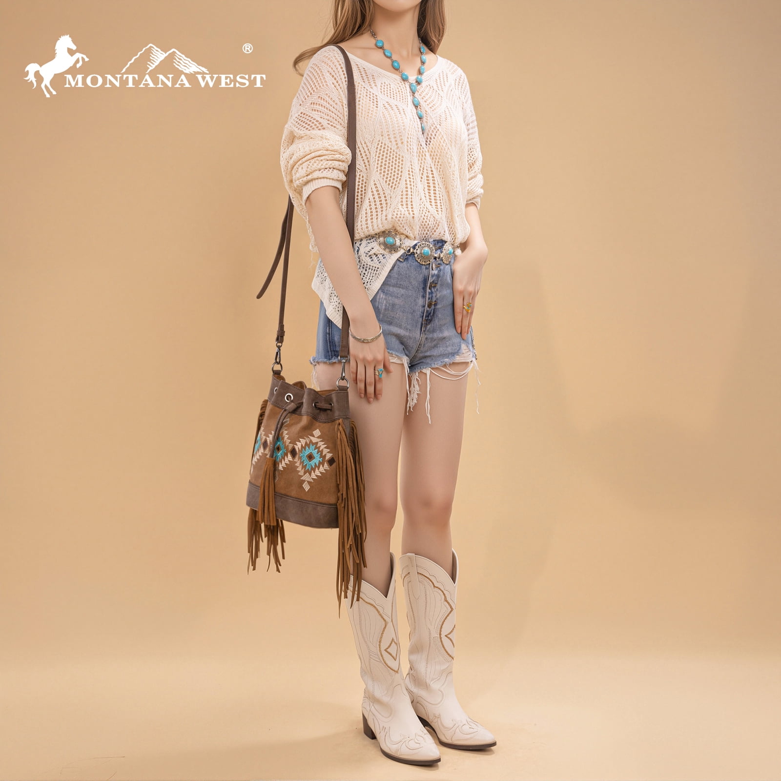 Montana West Aztec Bucket Bags for Women Western Fringe Crossbody Bag Vintage Drawstring, Coffee