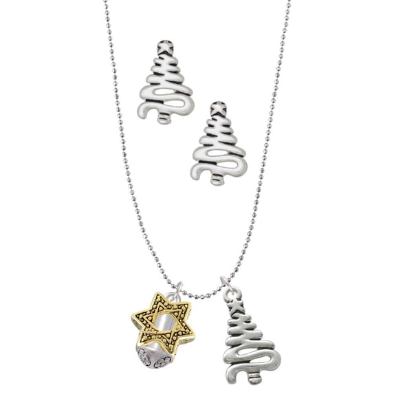 Delight Jewelry Goldtone Star of David Spinner Silver tone Zig Zag Christmas Tree Charm Necklace and Stud Earrings