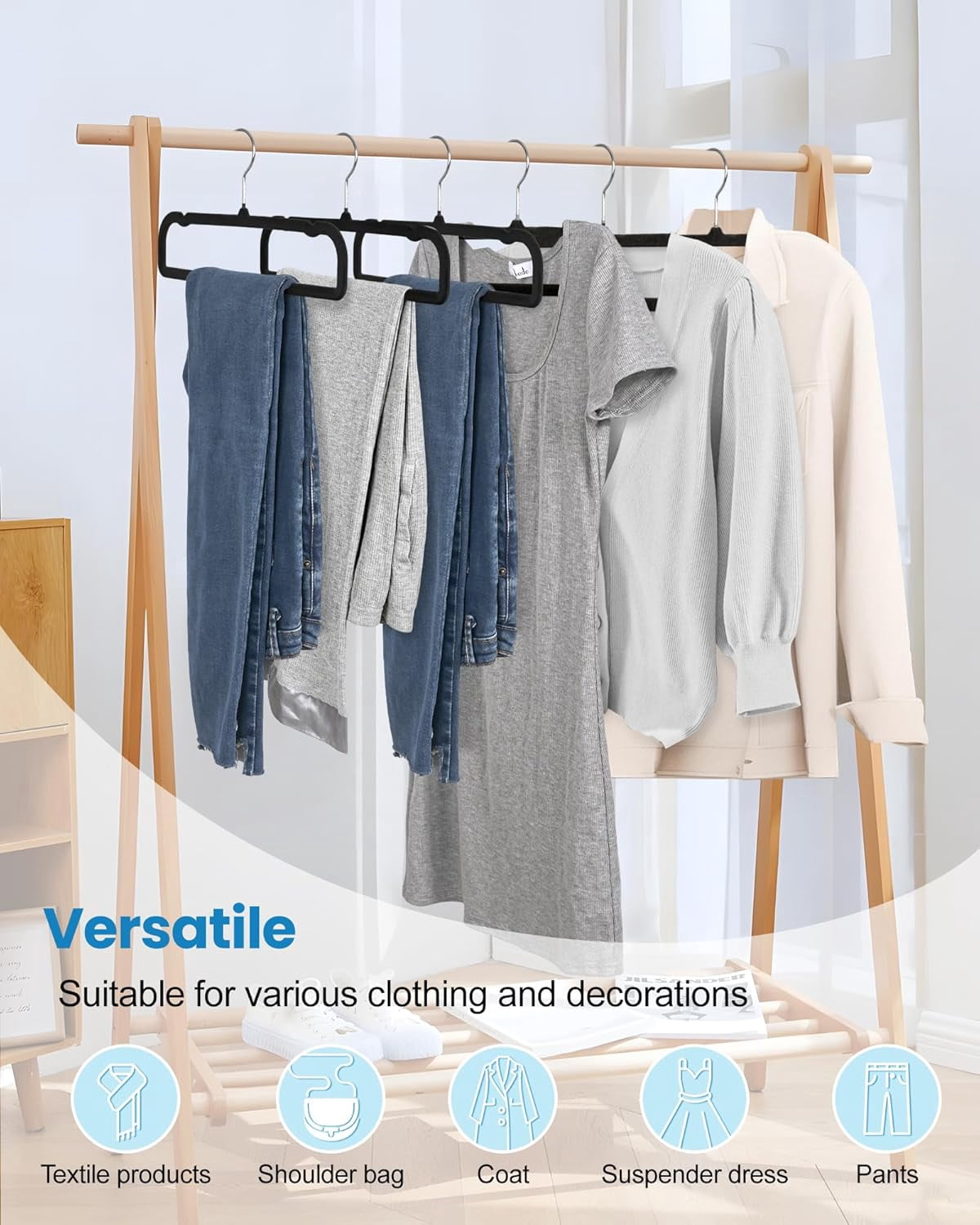 Velvet Pants Hangers with Non-Slip Bar, 20 Pack Felt Trouser Hangers with 360 °   Swivel Hook for Dresses, Shorts, Jeans, and Slacks, Black