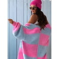 thumbnail image 4 of Womens Cardigan Sweaters Fall Winter Knitted Rainbow Color Block Striped Cozy Long Sleeve Open Front Pockets Pink M, 4 of 5