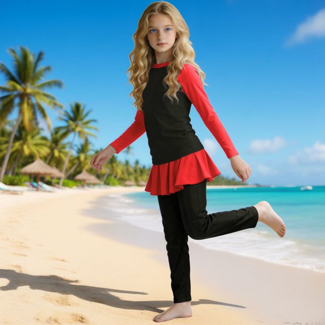 Odeerbi 0-13 Años Niñas 3 Piezas de Manga Larga Rash Guard Conjunto Bloque de Color Upf 50 + Traje de Baño Seco Rápido + Leggings de Baño Con Falda + Gorra de Baño