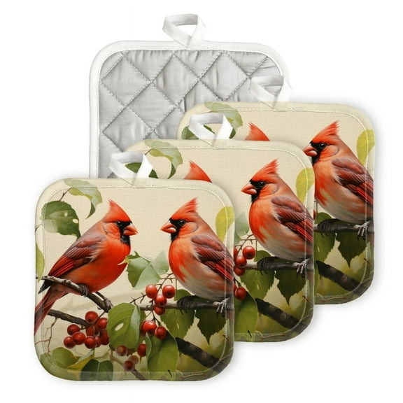 Bahomeck Pot Holder 4Pcs,Red Cardinals Perched On Tree Branch Square Heat Resistant Hot Pads For Kitchen Cooking Oven With Hanging Loop Potholder Easy To Store
