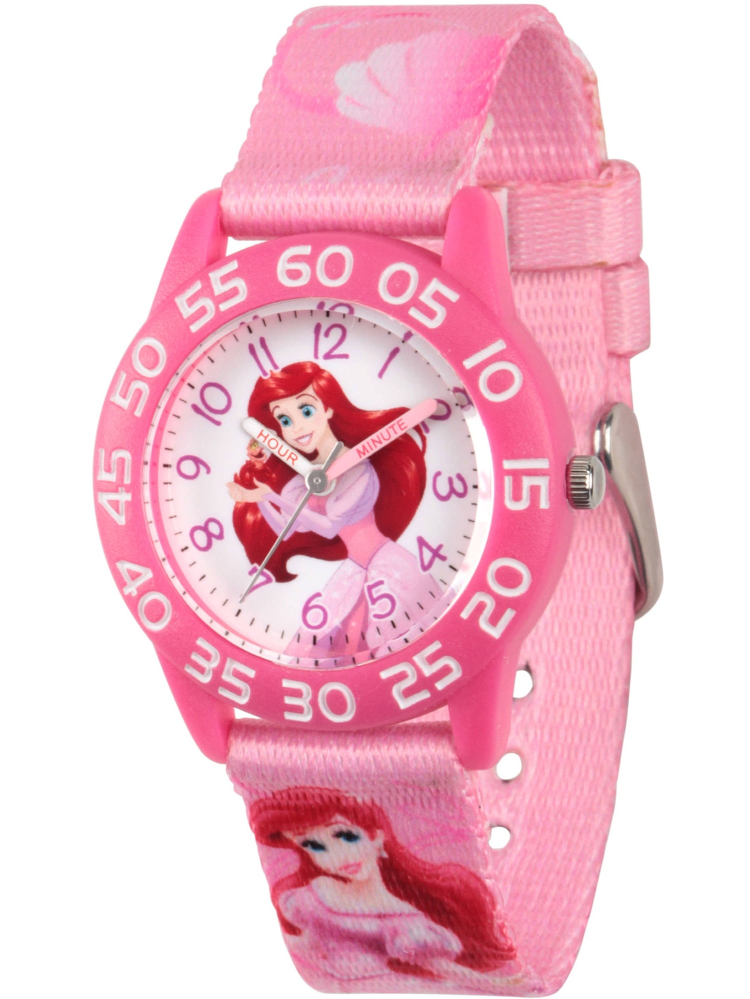 Princess Ariel Girls' Pink Plastic Time Teacher Watch, Pink Fabric Strap