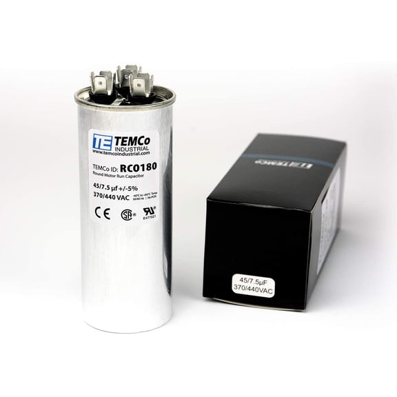 TEMCo 45 7.5 uF Dual Run Capacitor CBB65, 45/7.5 MFD, 370-440V, Round, 50/60Hz