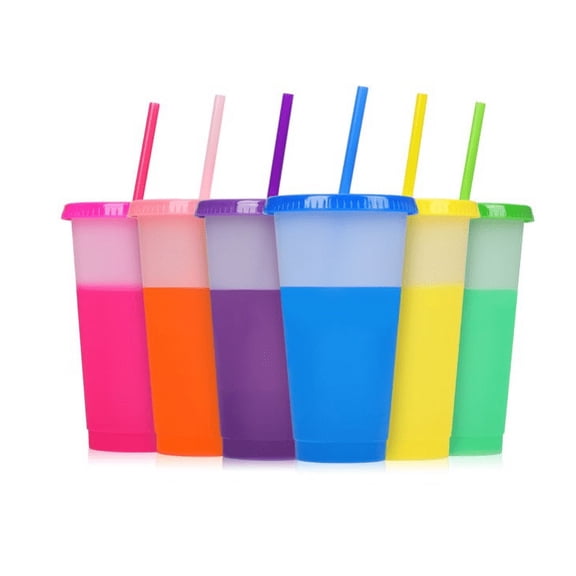 Reusable Color Changing Plastic Cups with Lids and Straws Bulk for Adults Kid Women Party, Christmas Cups,Cute Cold Cups for Iced Coffee, 24 oz, 6 Pack