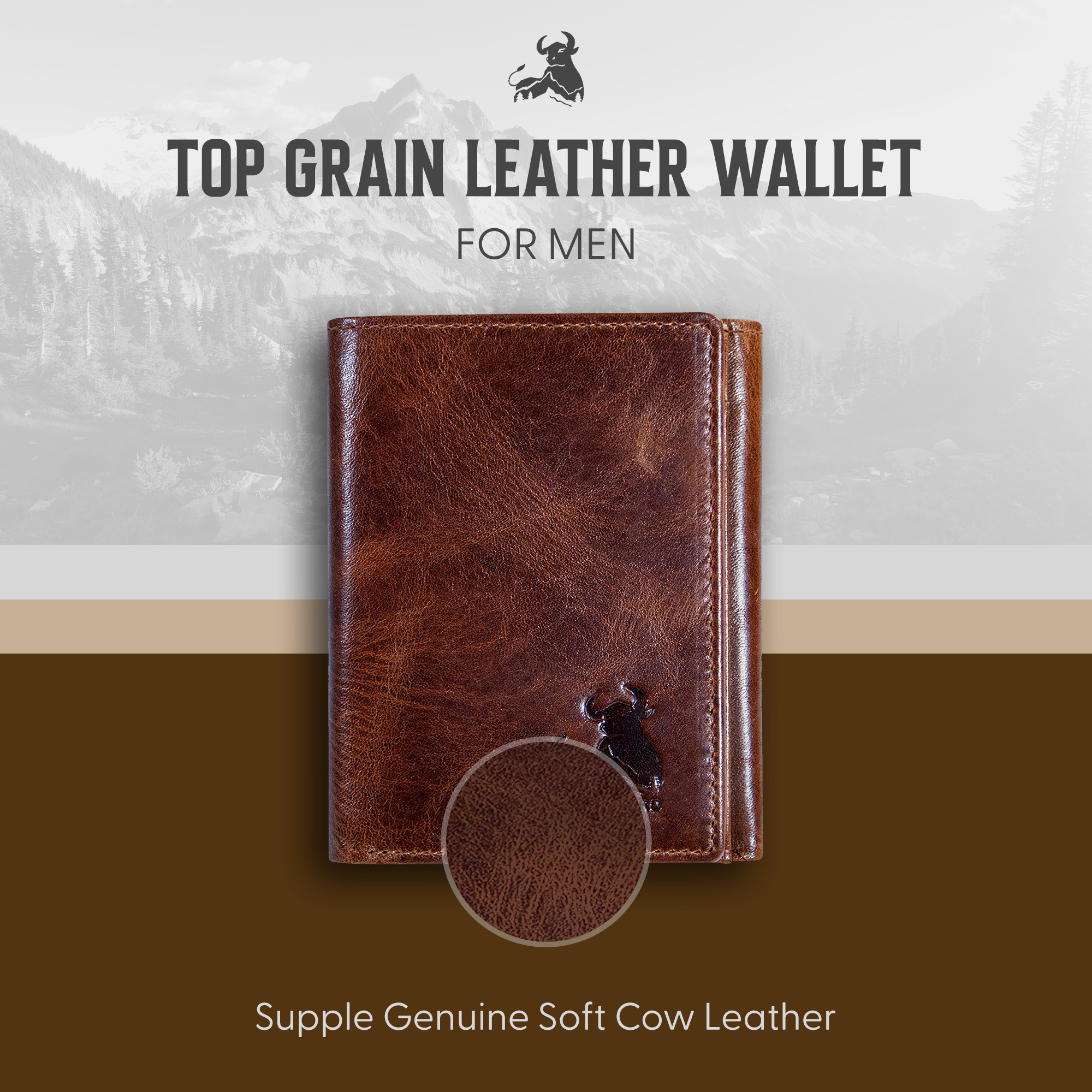 Bull Guard Men's Leather Trifold Wallet, Forest Brown photo 2