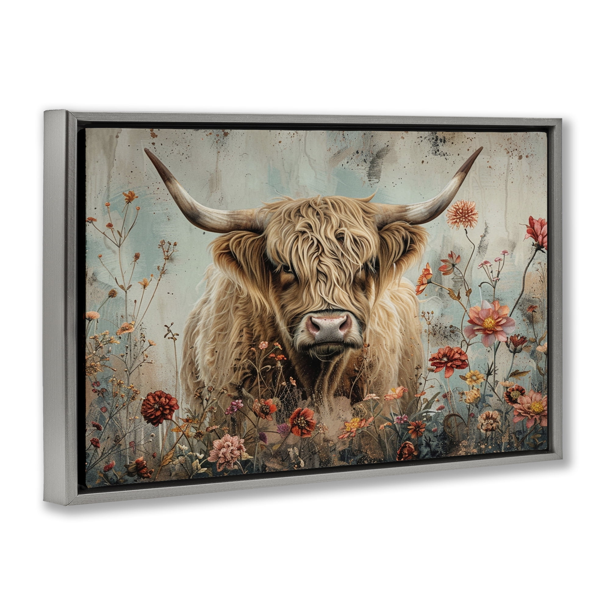 Stupell Industries Spring Blooms Highland Cow Animals Painting Gray Floater Framed Canvas Art Print Wall Art, 31 x 21