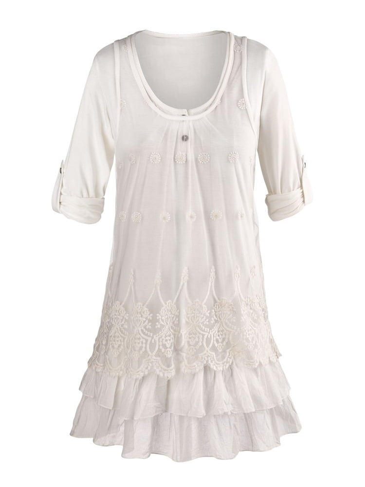SHALIMAR OVERSEAS - Women's Tunic Top Set - White Lacey Tank Top and 3/ ...