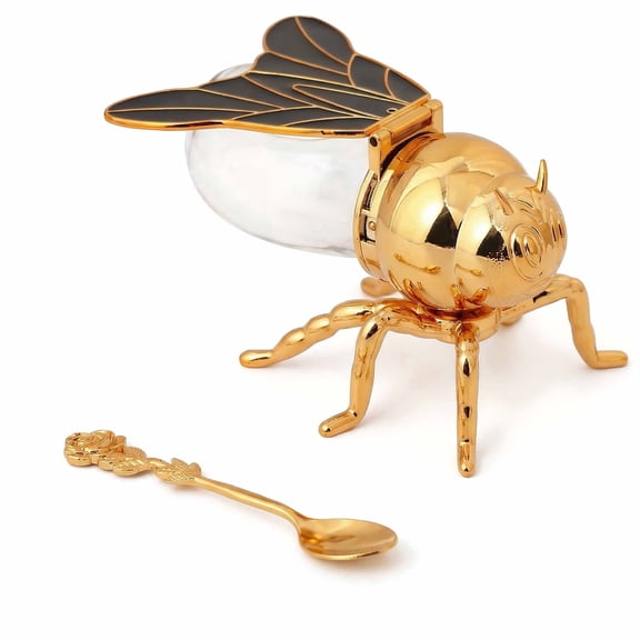 Glass Honey Jar with Plastic Bee Dispenser, Gold Lid and Spoon for Tabletop
