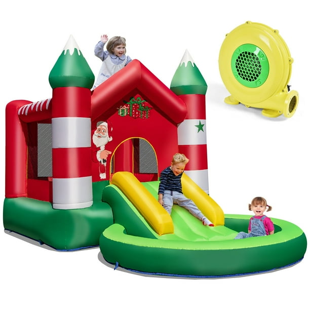 Costway Castillo hinchable, castillo hinchable para niños con temática navideña, con tobogán, cama elástica, piscina de bolas, castillo hinchable o para el patio trasero(con soplador 480W)