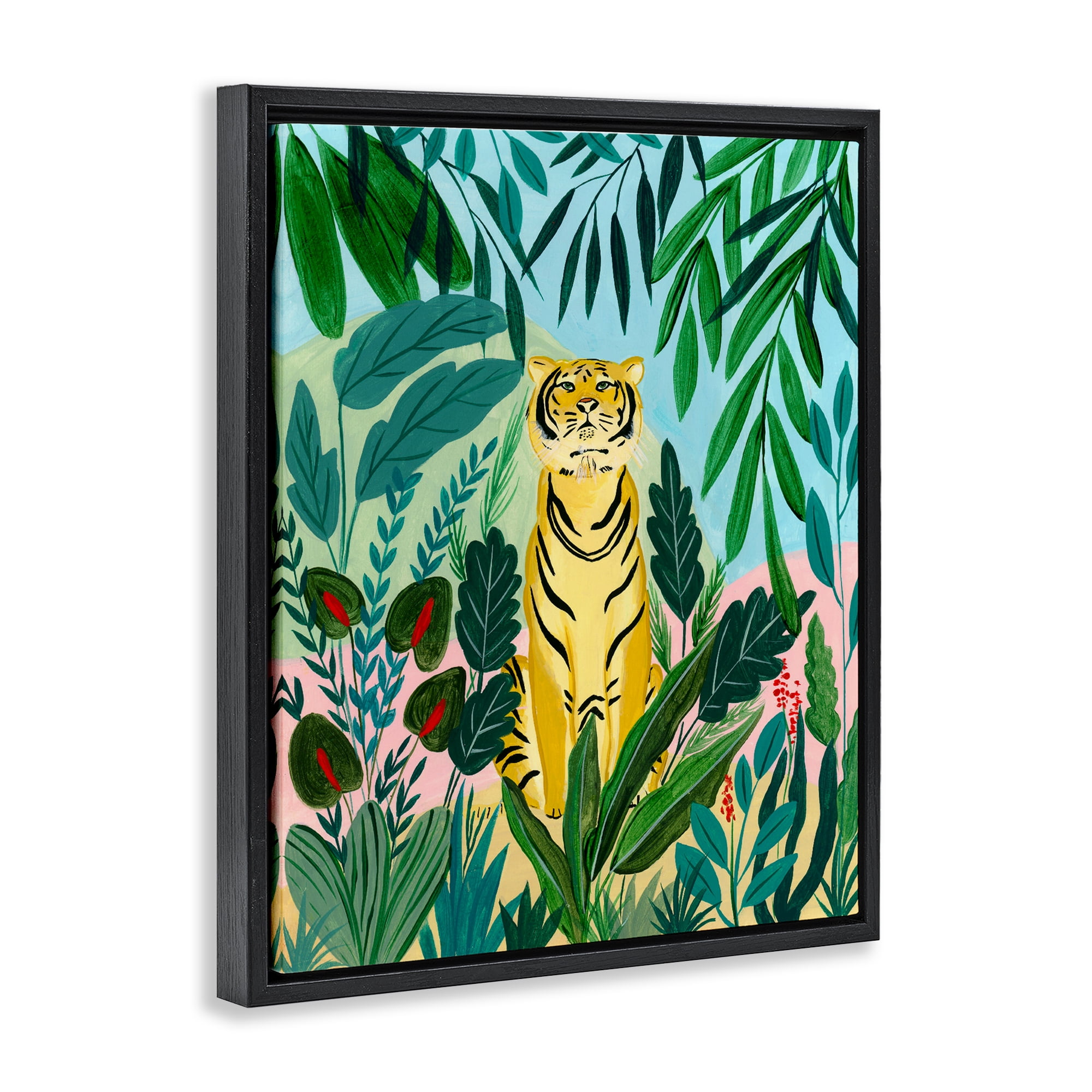 Stoic Tiger Tropical Forest Black Framed Floater Canvas Wall Art, design by Nabeela Rumi