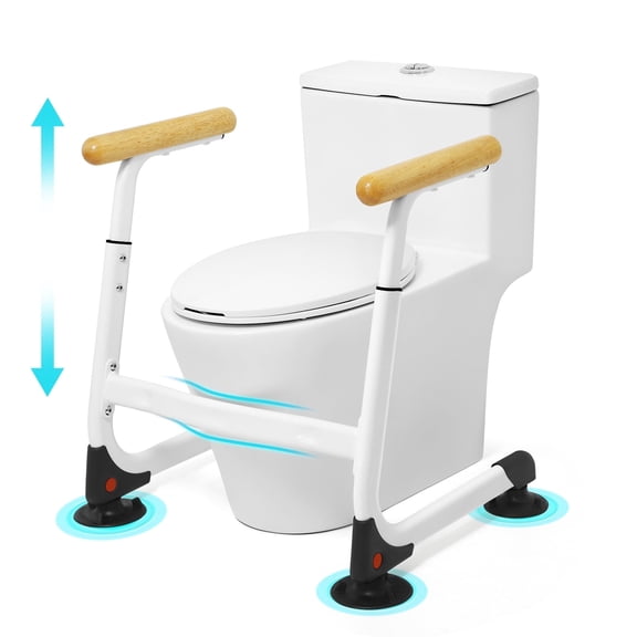 Toilet Safety Rails (350LBS), Adjustable Height Toilet Safety Frame for Elderly and Disabled, Stand Alone Toilet Safety Rails for Seniors, Handicap Toilet Rails Fits Most Toilets, Wood Color
