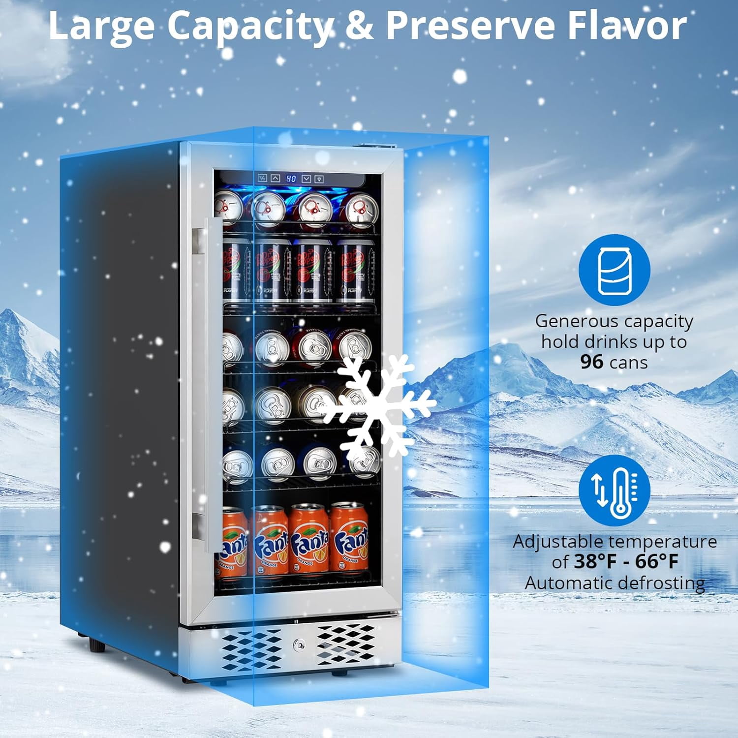 15 Inch Beverage Refrigerator, 96 Cans Stainless Steel Fridge with Double-Layer Tempered Glass Door, Freestanding & Built-In Wine Cooler, Safety Lock for Home, Office, Bar