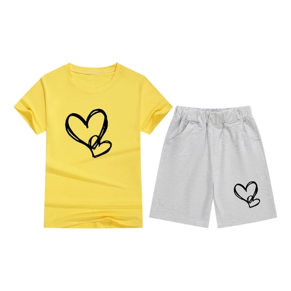 biudgviw Boys Girls 2 Piece Clothing Set Toddler Kids Heart Print Short Sleeve Crewneck Tops with Elastic Waist Shorts Set Summer Outfits