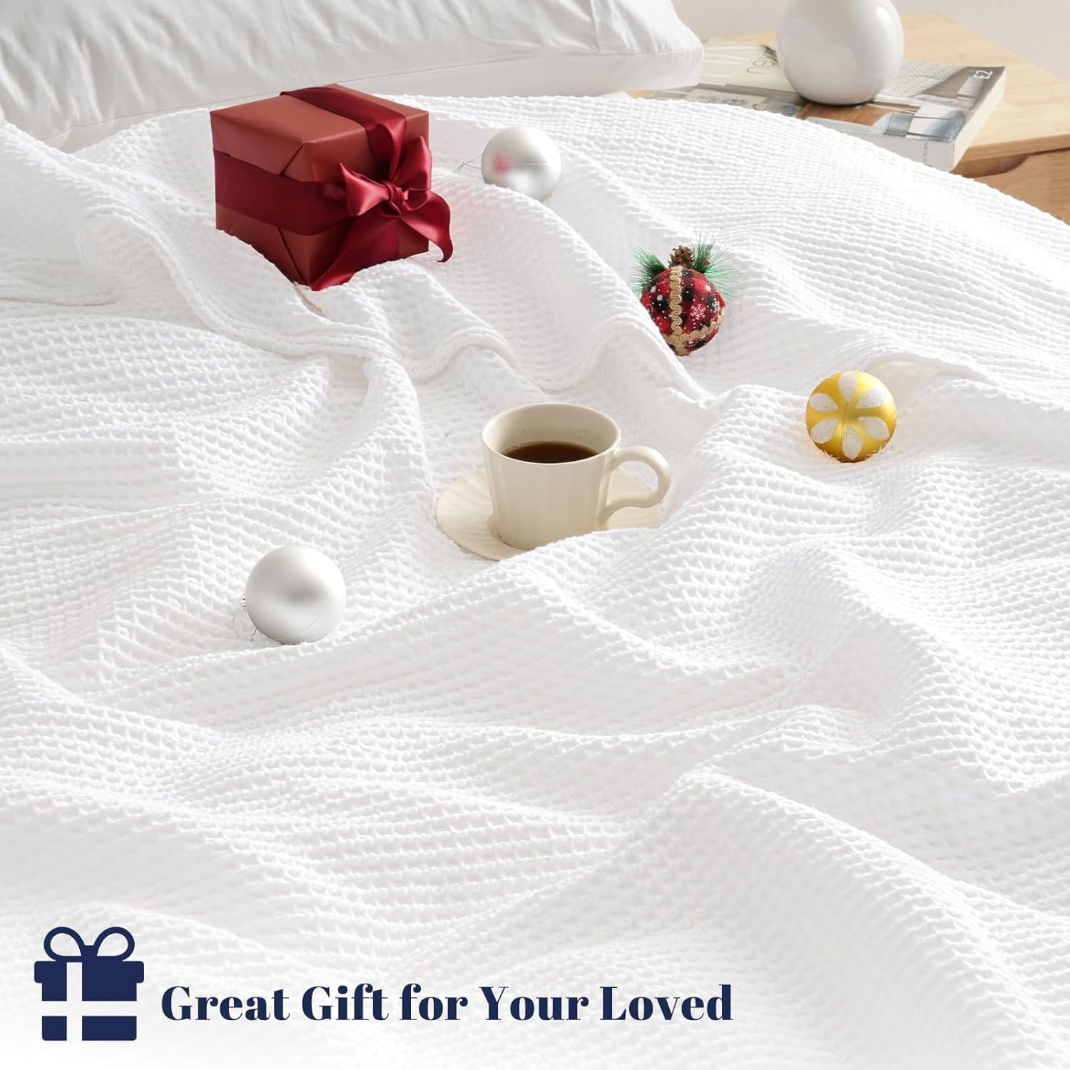 PHF Cotton Waffle Weave Blanket King Size for Bed, Lightweight Breathable Blanket for Couch, Home Decor Gift, White, 104"x 90"