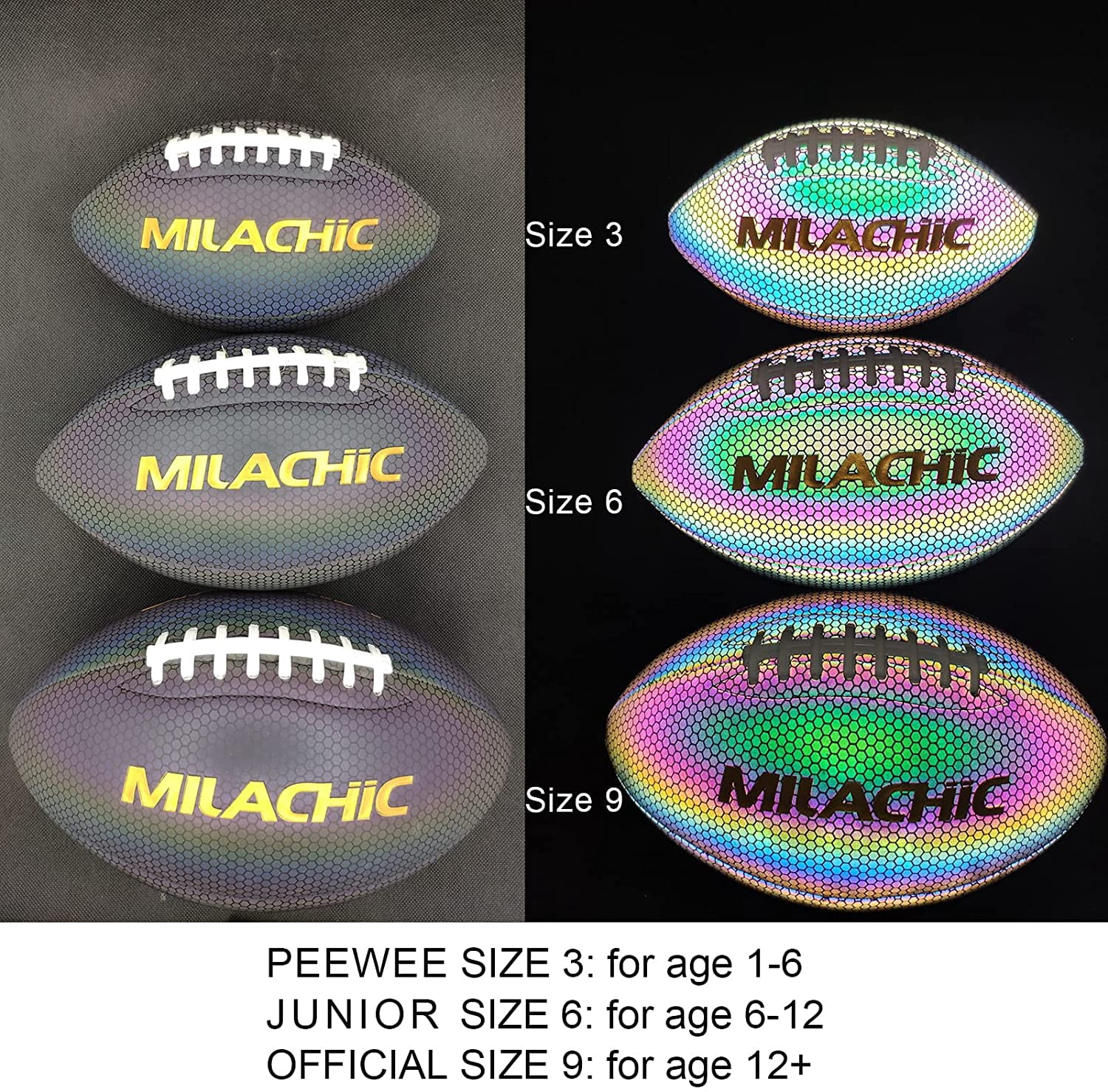 MILA CHIC Football, Holographic Football Peewee Size 3, Reflective Glowing Footballs with Pump for Kids, Leather Football Outdoor All-Weather