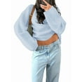thumbnail image 2 of Women'S Oversized Crewneck Sweater Puff Long Sleeve Cable Slouchy Pullover Jumper Tops Blue L, 2 of 7