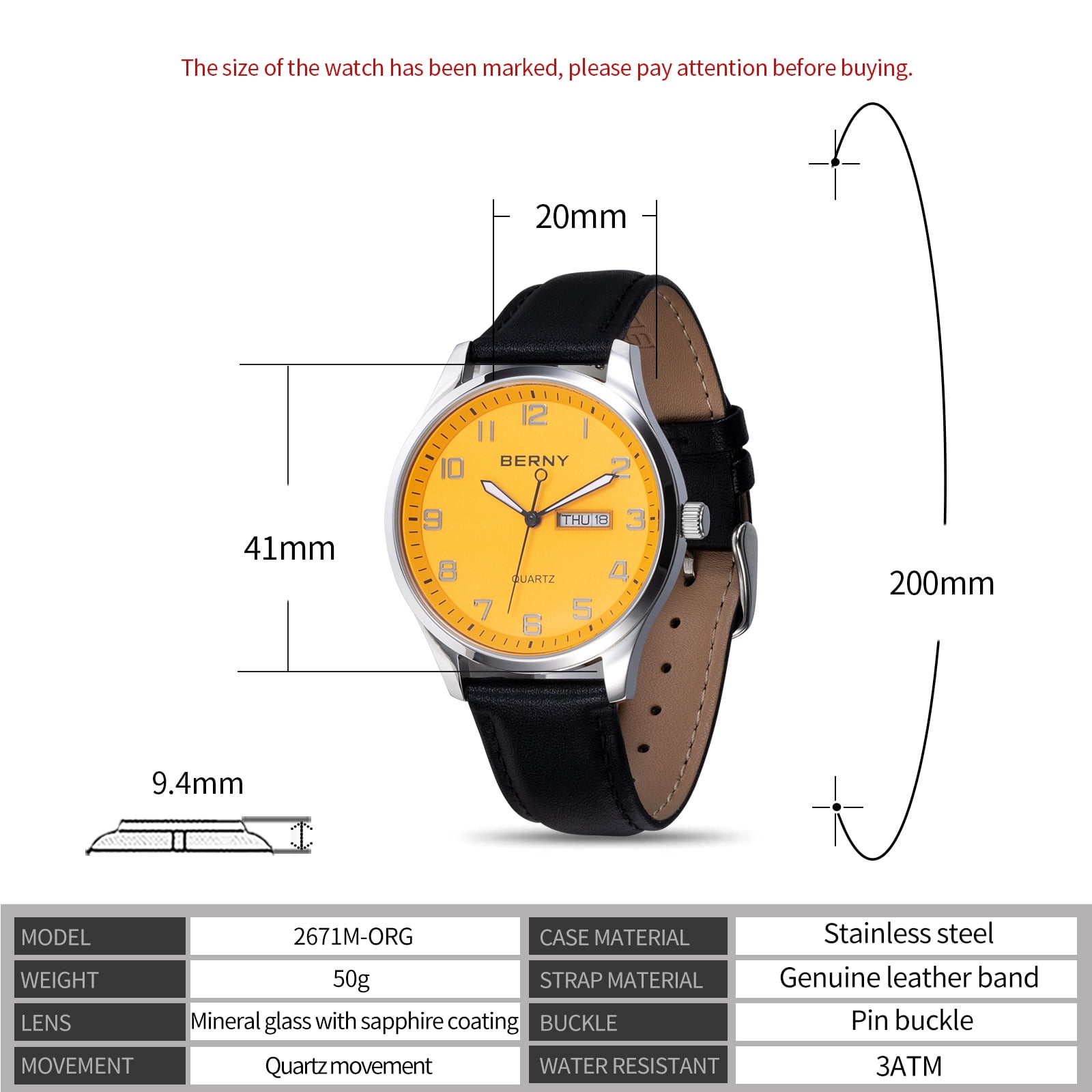 BERNY Modern Quartz Watch for Men Casual Easy Read Wristwatch with Arabic Numeral Watch Dial, Genuine Leather Strap and Day & Date Calendar