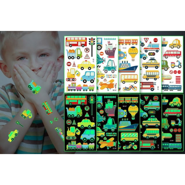 ER 5 Tatuajes de Coches para Niños, Tatuajes que Brillan en la Oscuridad, Pequeños Regalos de Cumpleaños, Piñatas de Juguete Rojo Verde
