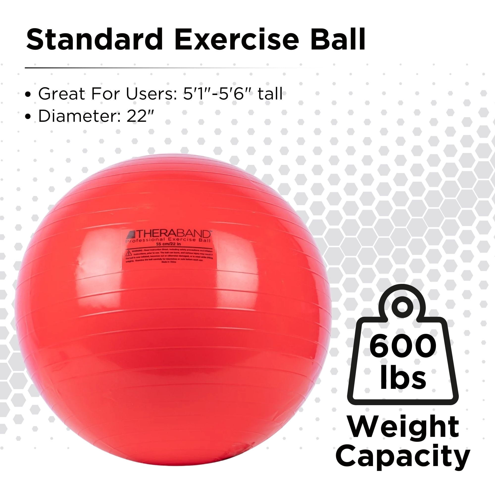 THERABAND Standard Exercise Ball, 22" Red Stability Trainer for 5'1"–5'6" Users, Yoga & Pilates Ball, Balance & Core Trainer, For Athletes Fitness at Gym & Home