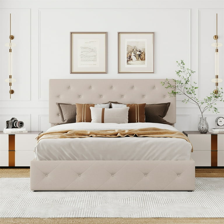 Linen Upholstered Queen Bed with Storage Underneath Queen Size Platform Bed Frame with Button Tufted Headboard Dense Wood Slats Support Stable and