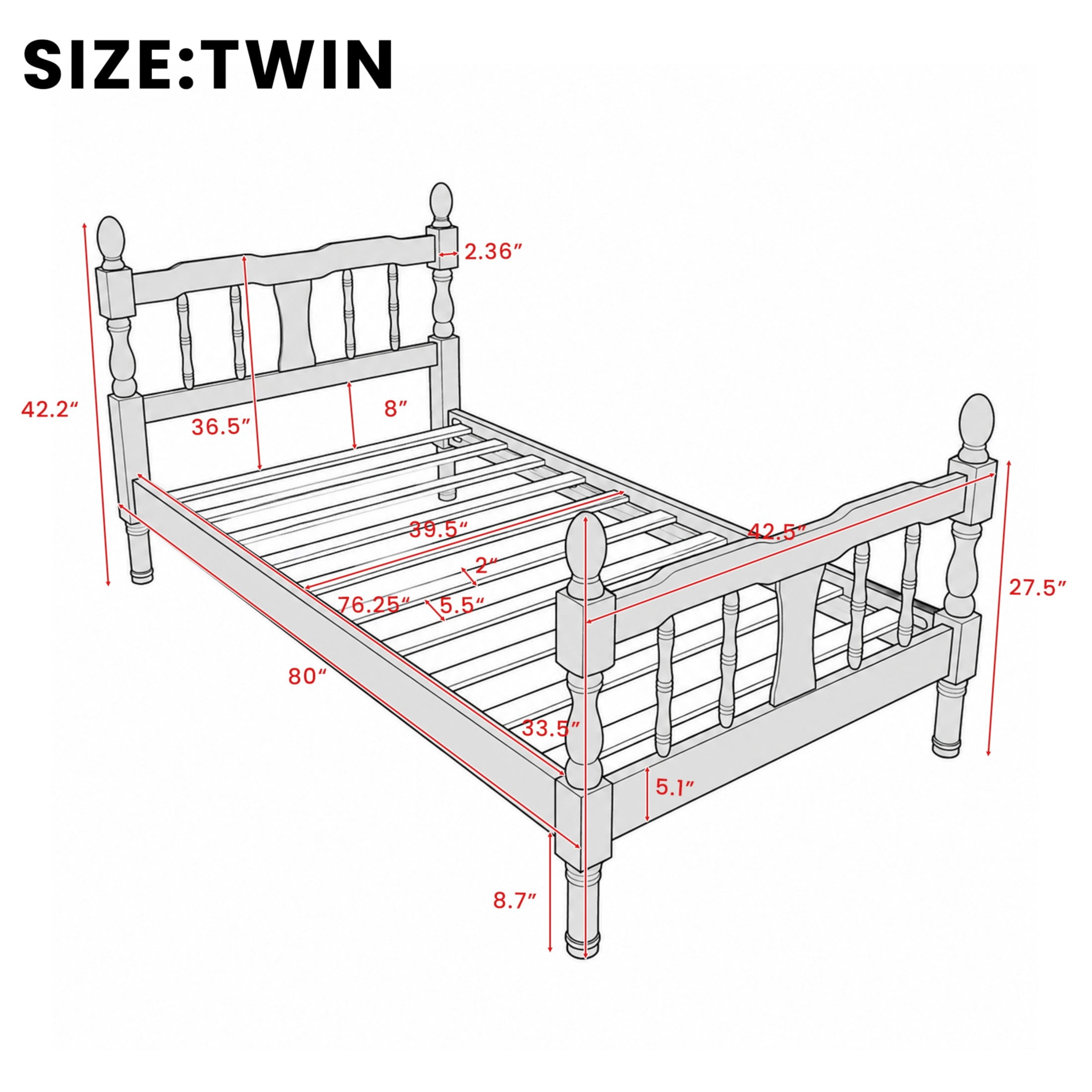 GDF Studio Betty Twin Size Wooden Platform Bed Frame with Spindle Headboard, Traditional Farmhouse Style, Walnut