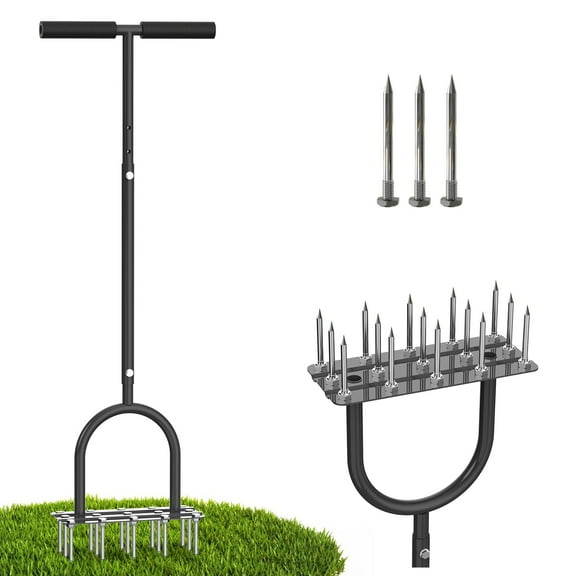 Heavy Duty Manual Lawn Aerator, 15-Spike Yard Dethatcher Tool for Garden Health, T-Handle & Foot Plate, Pre-Assembled, Black