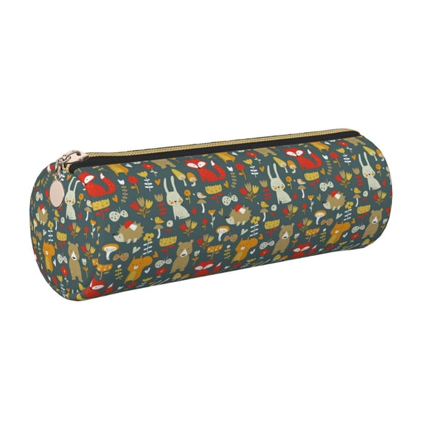 Disketp Cute Animal Forest Estuche Organizador de Lápices de Cuero, Estuche de Oficina con Cremallera para Bolígrafo y Lápiz