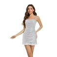 thumbnail image 3 of FINALGANG Women's Carnival Solid Color Sequin Spaghetti Strap Mini Dress Ruched Sweetheart Neck Ruffled Hem Bodycon Sparkly Dress For Party Club Night Out Wear Stylish Dress, 3 of 8