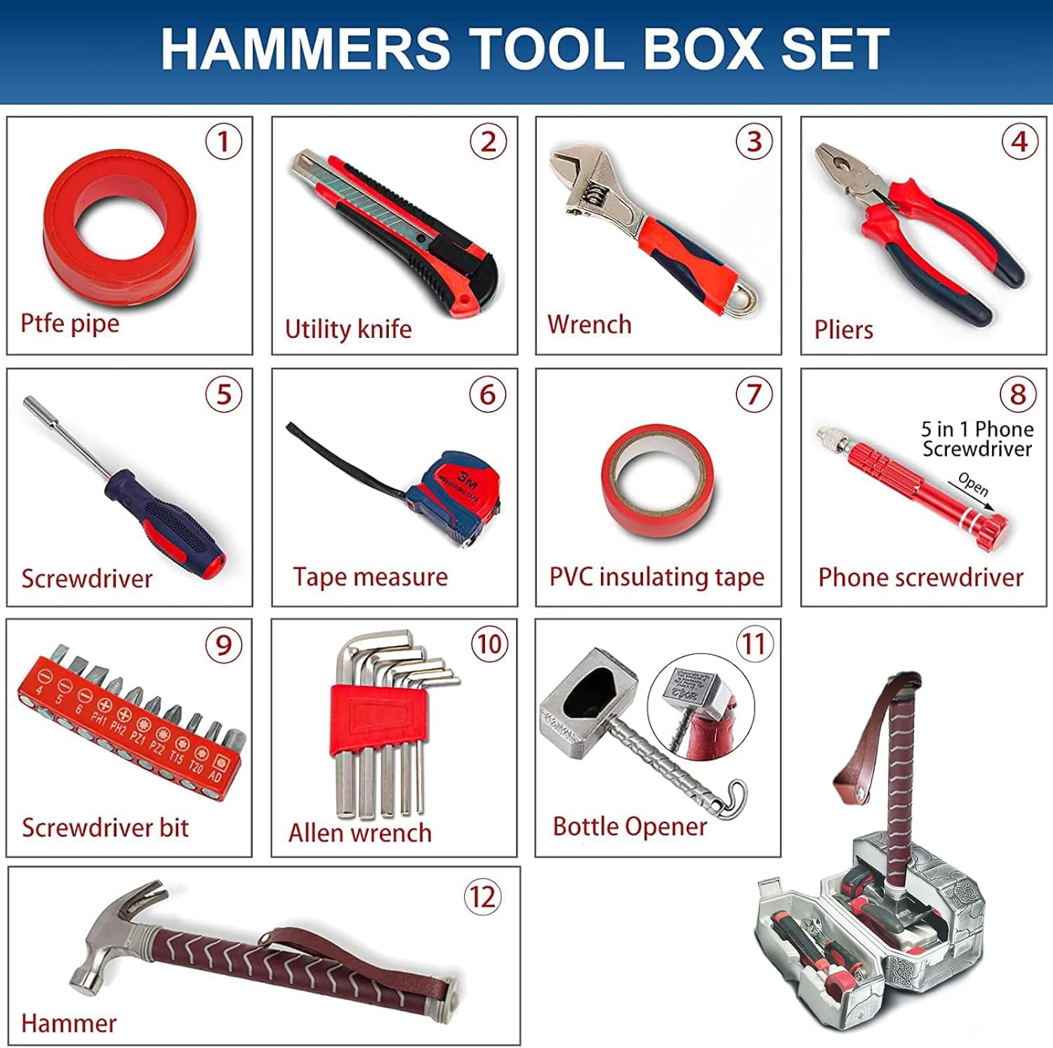 28 Piece Hammer Tool Box, Multifunctional Thor Hammer Tool kit, Home Tool Set, Hand Tools, Novelty Unique Holiday Gift for Men,Thor's Fans