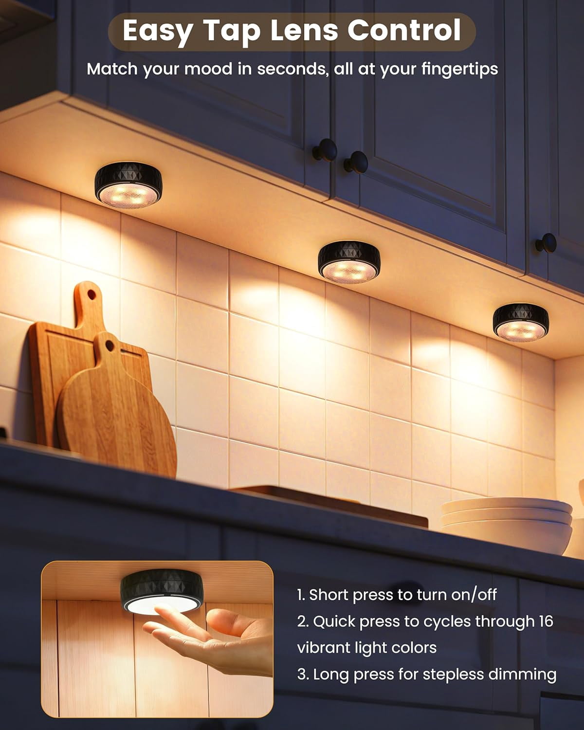 Puck Lights with Remote Control Battery Operated Wireless LED Under Cabinet Lighting Warm White & RGB Color Changing Stick on Tap Push Light for Kitchen Counter Shelf Closet 6 Pack Black