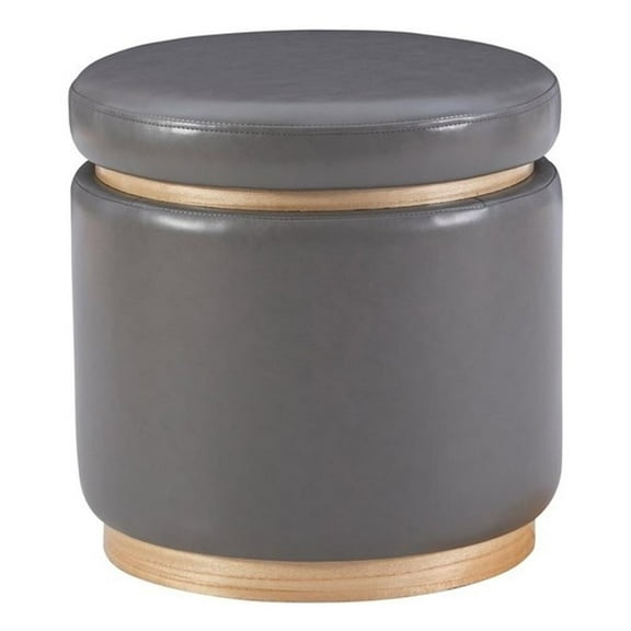 Linon Hawn Round Storage Ottoman Light Wood Trim in Gray Faux Leather