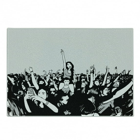 Crazy Art Cutting Board, Festival Themed Pattern of a Crowd Having Fun at a Concert, Decorative Tempered Glass Cutting and Serving Board, in 3 Sizes, by Ambesonne