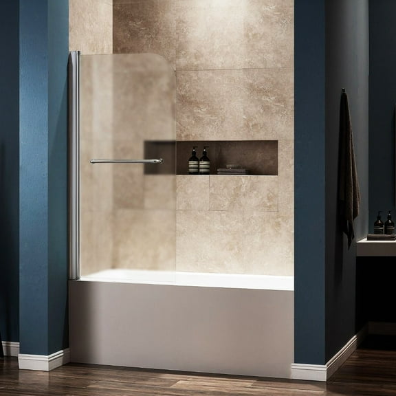 Dreamwerks 30 in. W x 59 in. H Pivot Frameless Tub Door 1/4 with Frosted Glass in Chrome