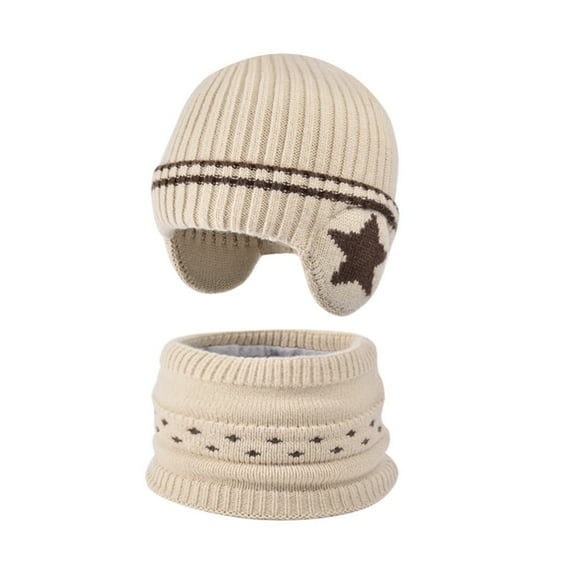Kids Winter Hat and Scarf Set, Fleece Lined Knit Beanie with Ear Flaps, Warm Neck Warmer, Toddler Snow Accessories Set for Boys Girls 5-14 Beige