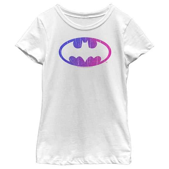 Girl's Batman Cracked Rainbow Logo Graphic Tee White Large