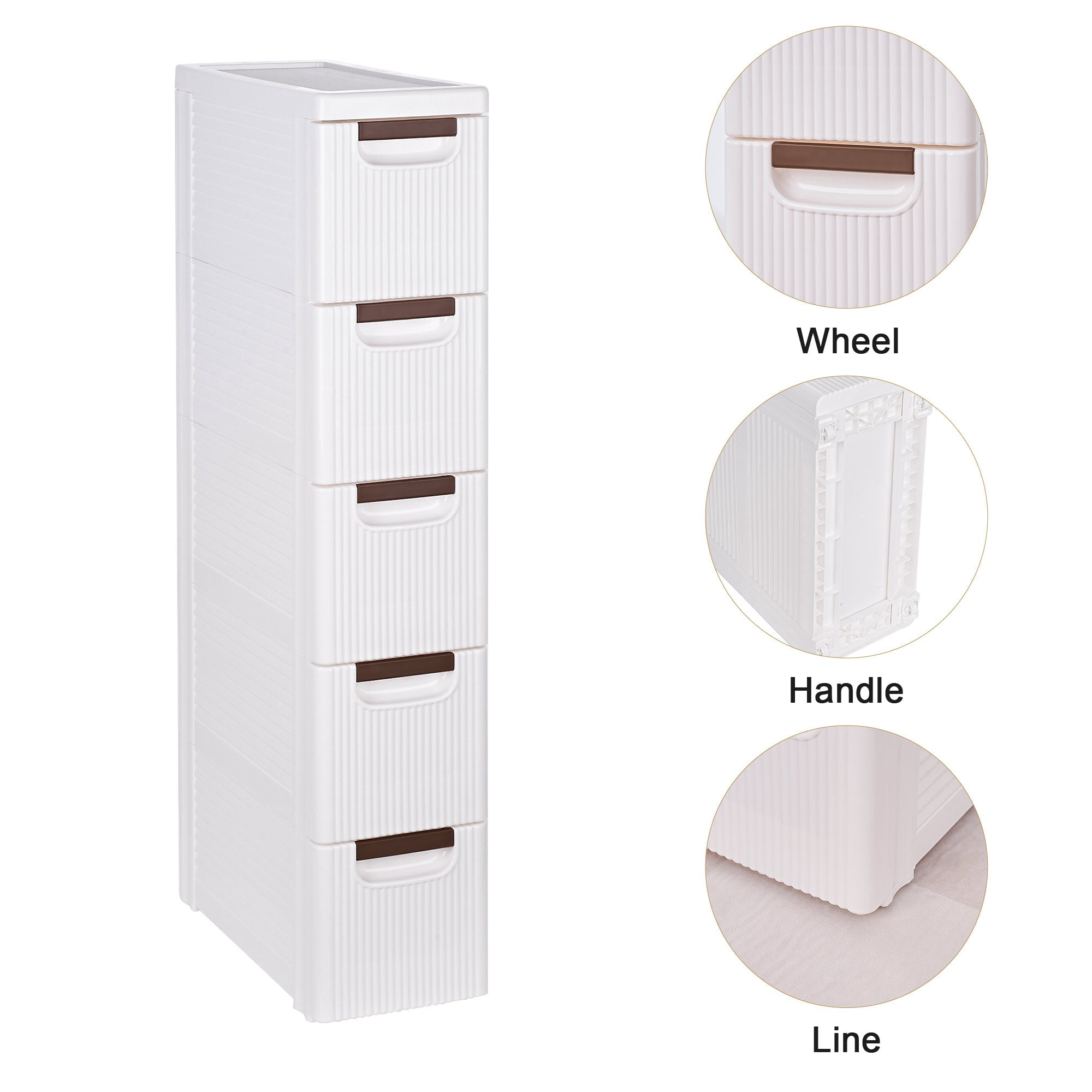 VECELO 5 Drawers Small Bathroom Stackable Storage Cabinet Floor Side Cabinet, Freestanding Plastic Narrow Lim Corner Slide Out Drawer Storage, For Bedroom Kitchen, White