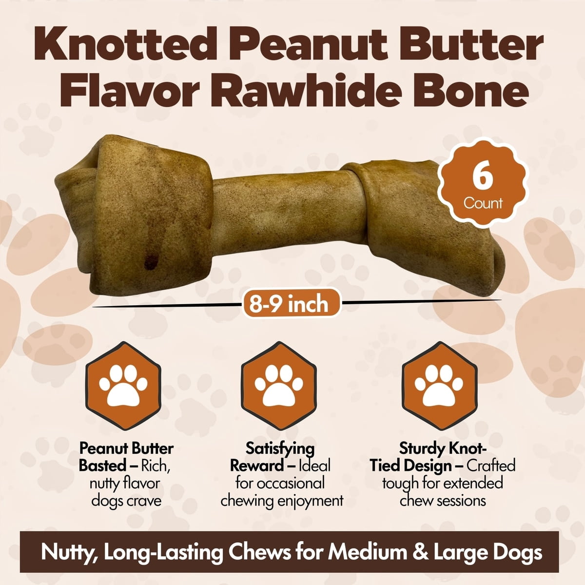 Knotted 8 to 9-in Peanut Butter Flavor Rawhide Bone Dog Treats, 6 CT