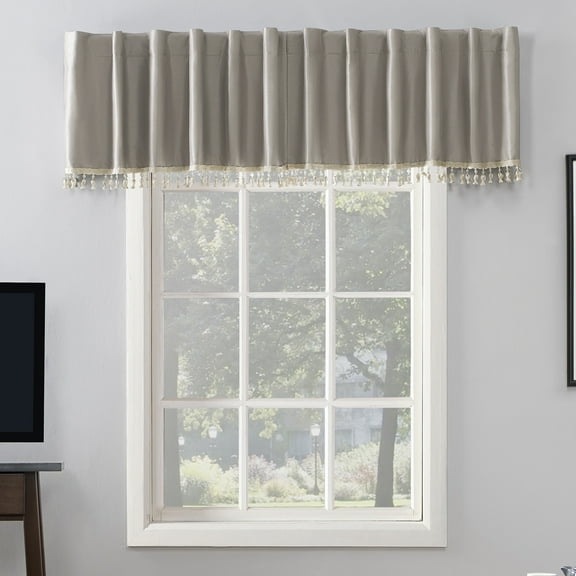Sun Zero Evelina Faux Dupioni Silk Beaded Tassels Thermal Extreme 100% Blackout Back Tab Curtain Valance,50" X 17", Stone