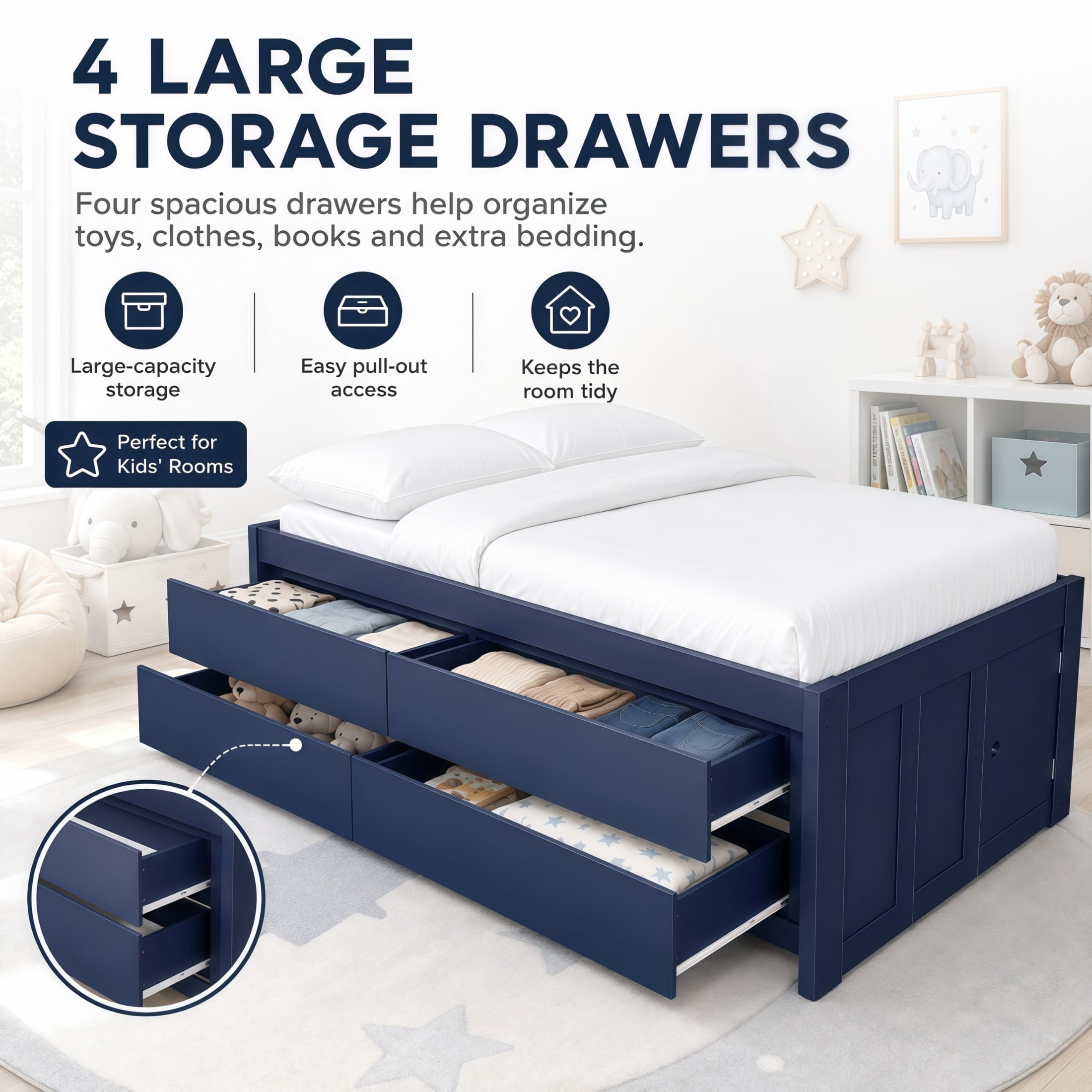 GDF Studio Tyler Twin Size Captain Bed with Storage Drawers & Side Door, Modern Space-Saving Bed for Kids, Navy Blue