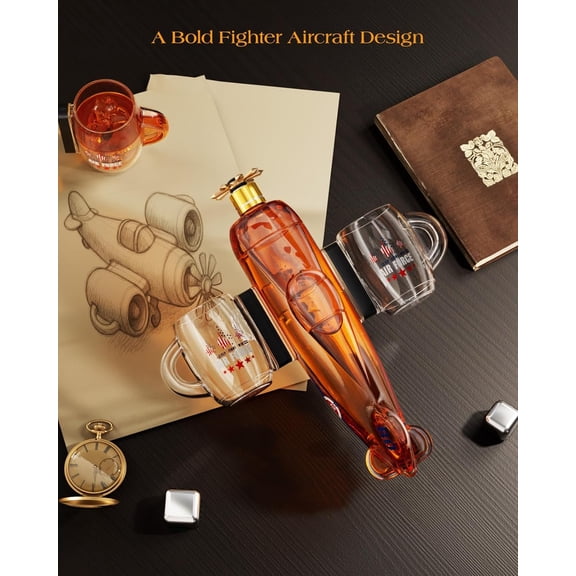 Fighter Aircraft Whiskey Decanter Set with 2 Detachable Glasses - Retro Aviation Gift for Men