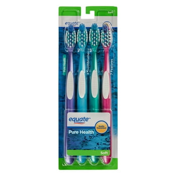 Equate Pure  Manual Soft Toothbrush with Tongue and Cheek Cleaner 4 Count