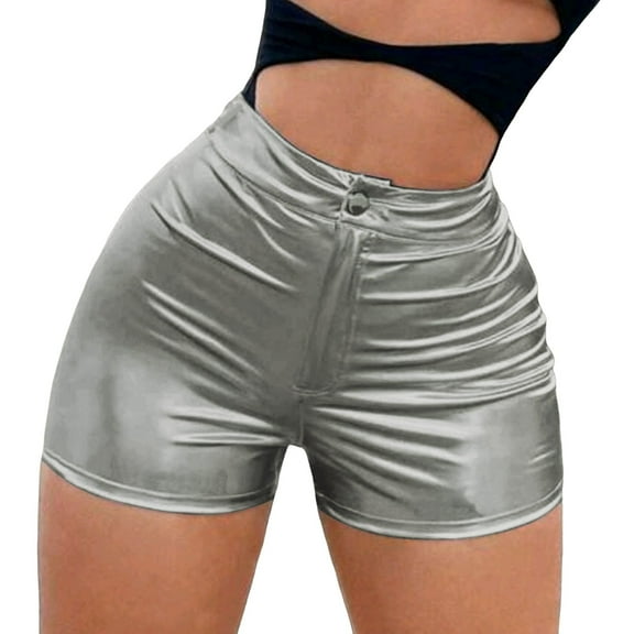 MIXUE Shorts For Women Summer Solid Color Sexy Shiny Button Womens Shorts Daily-Wear,Silver,XL